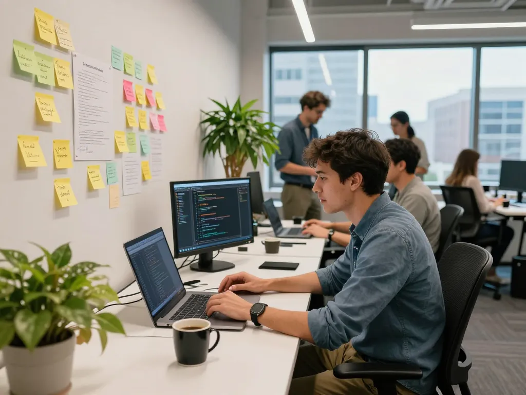 Developer brainstorming in a vibrant workspace with crush ai integration in coding.