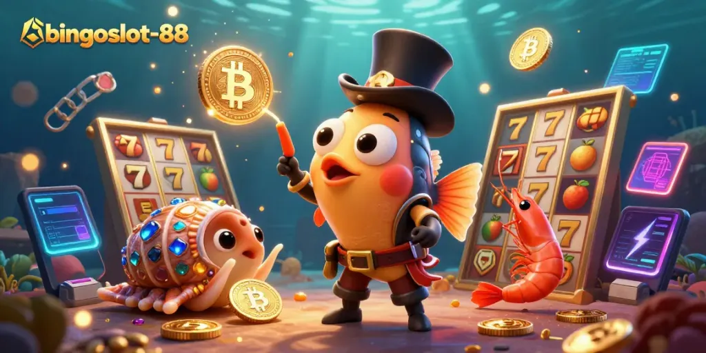 Raih kemenangan dalam permainan bingoslot-88 dengan ilustrasi ikan pemancing dan simbol slot yang menarik