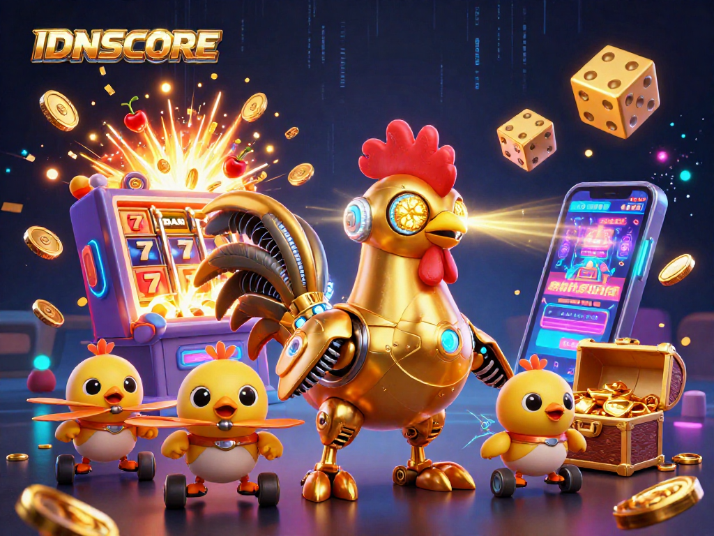 Experience IDNSCORE's vibrant casino world with a retro-futuristic golden rooster and exciting game elements.