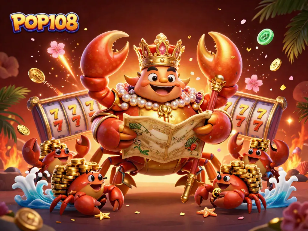 Permainan perjudian seru dalam POP108 dengan krab emas dan simbol keberuntungan.