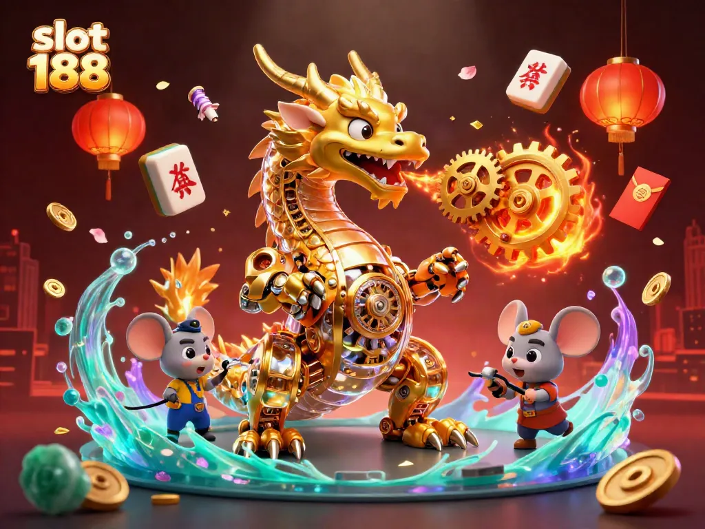 Jelajahi pengalaman slot 188 dengan ilustrasi naga emas biomekanik dan elemen keberuntungan yang berkilau.