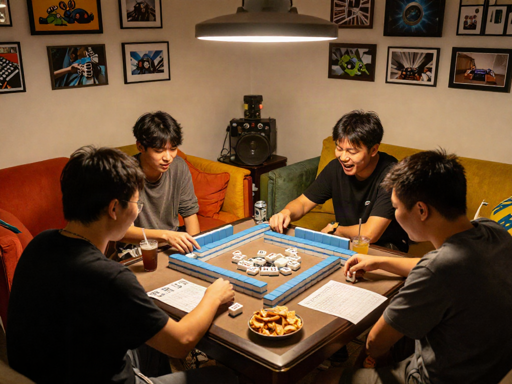 Play MahjongJP88 in a lively living room with friends, snacks, and colorful decor.