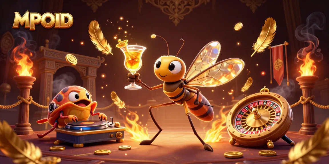 Engage in thrilling MPOID casino action featuring a lively scene with unique characters and golden elements.