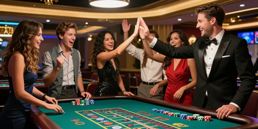 Suasana permainan situs gacor dengan pemain merayakan kemenangan di meja roulette.