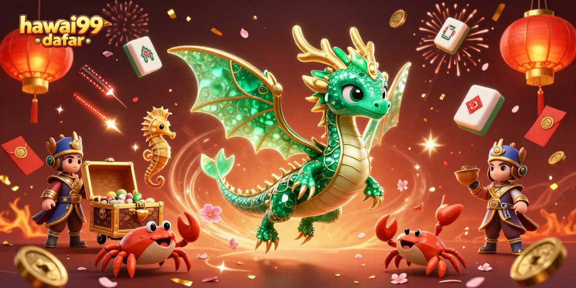 Engage with hawai99 daftar, showcasing a vibrant 3D casino scene filled with lively treasures and festivities.