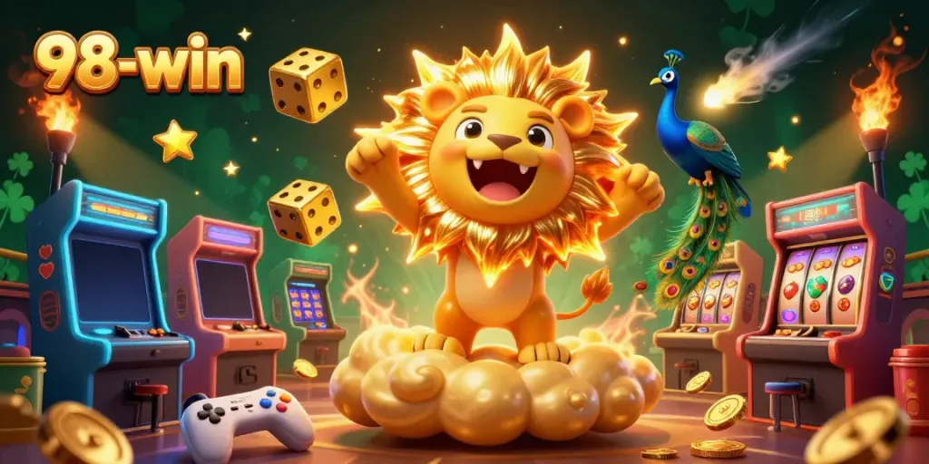 Experience the thrill of 98-win with vibrant casino-themed characters surrounded by arcade machines and action elements.