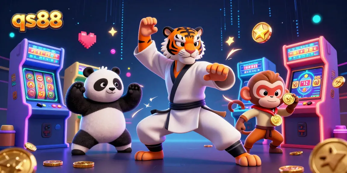 Experience dazzling wins with qs88's vibrant tiger master in a casino arcade setting.