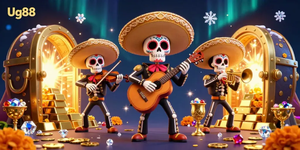 Join the thrilling gaming scene at Ug88 with vibrant mariachi skeletons surrounded by gold and gems.