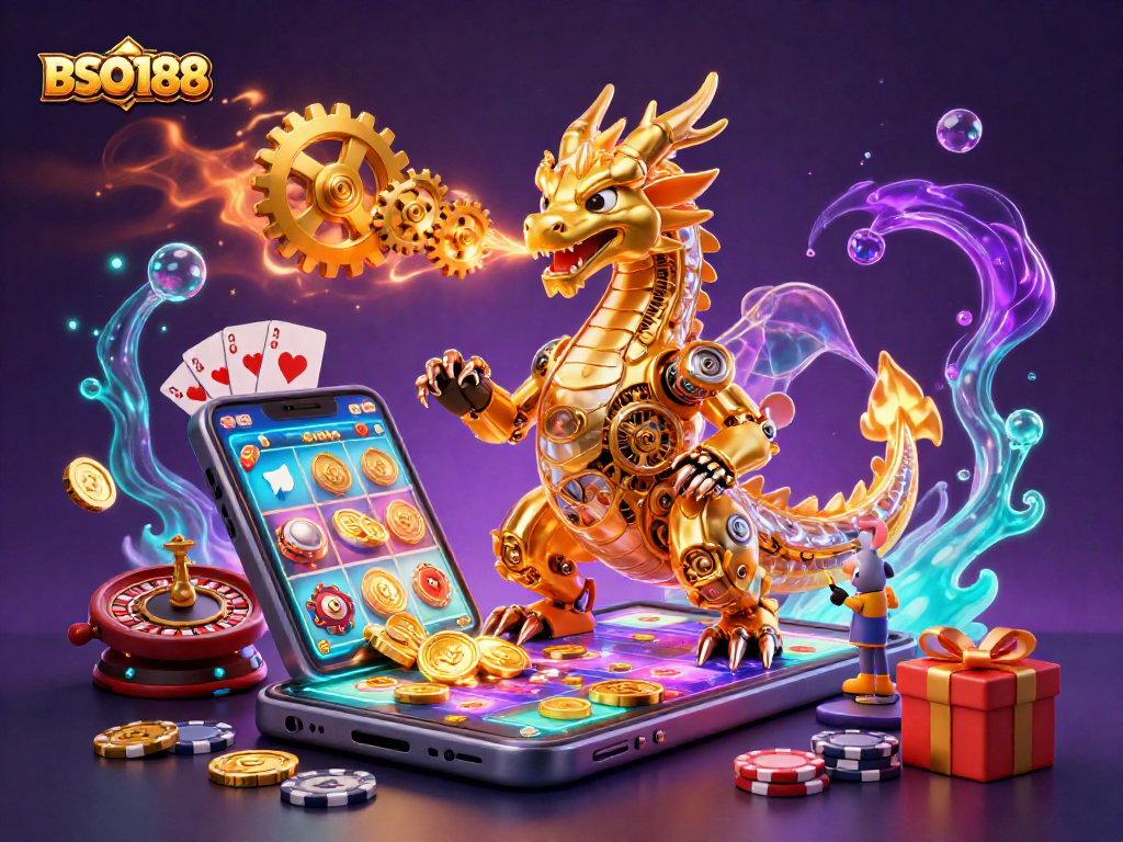 Engage with BSO188 for a thrilling 3D casino adventure featuring a golden dragon.