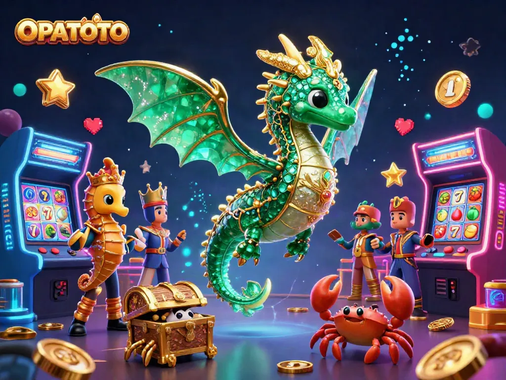 Spin the reels with OPPATOTO's vibrant scene of a treasure-carrying sea dragon in a bustling casino.