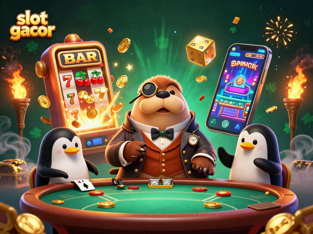 Experience thrilling slot gacor action with the jolly walrus at an underwater poker table surrounded by jackpot excitement.