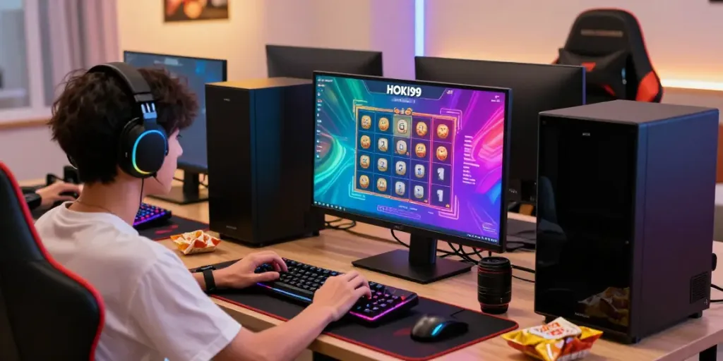 Pengguna HOKI99 sedang bermain slot online dengan aksesoris gaming lengkap di ruangan yang cerah.