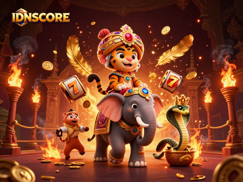 Experience thrilling slot adventures with IDNSCORE's exotic maharaja and elephant in a rich casino scene.