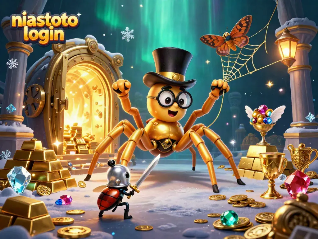 Ilustrasi kasino penuh warna dengan niastoto login yang menggambarkan tarantula emas dan ksatria kumbang berjuang di antara barang berharga.