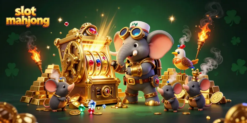 Slot mahjong memperlihatkan karakter unik yang mengoperasikan mesin slot dengan efek dramatis dan elemen berkilau di sekitarnya.