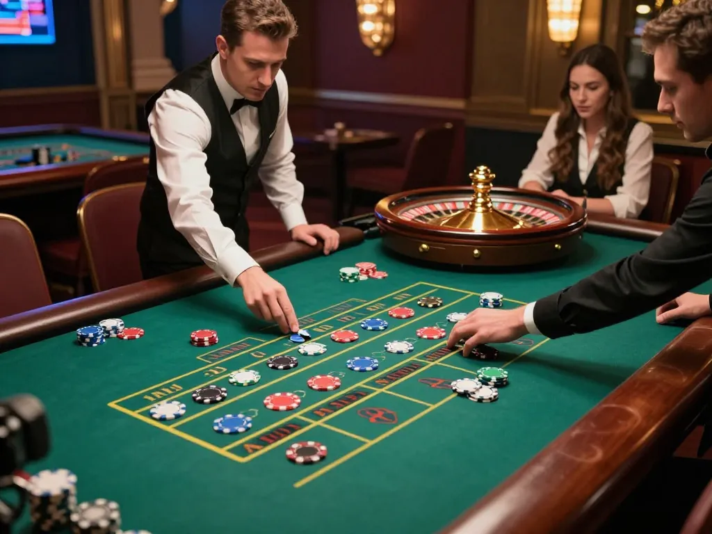 Tham gia cùng Link 12bet trên bàn roulette đầy hồi hộp, trưng bày các viên chip đầy màu sắc và một dealer năng động.