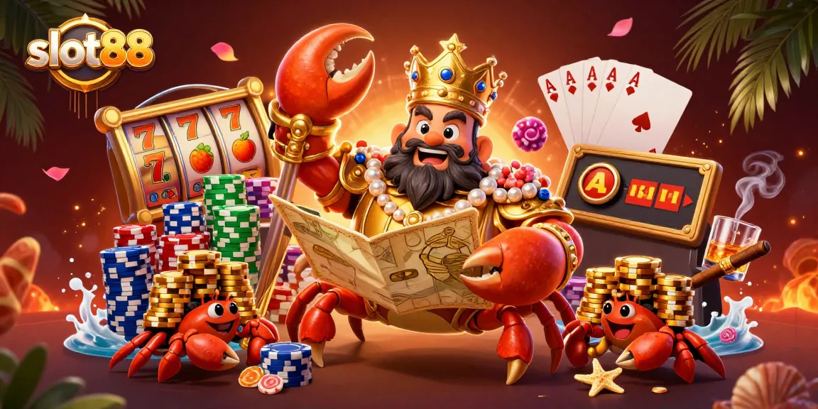 Experience exciting slot88 gameplay with a golden crab emperor and vibrant casino elements.