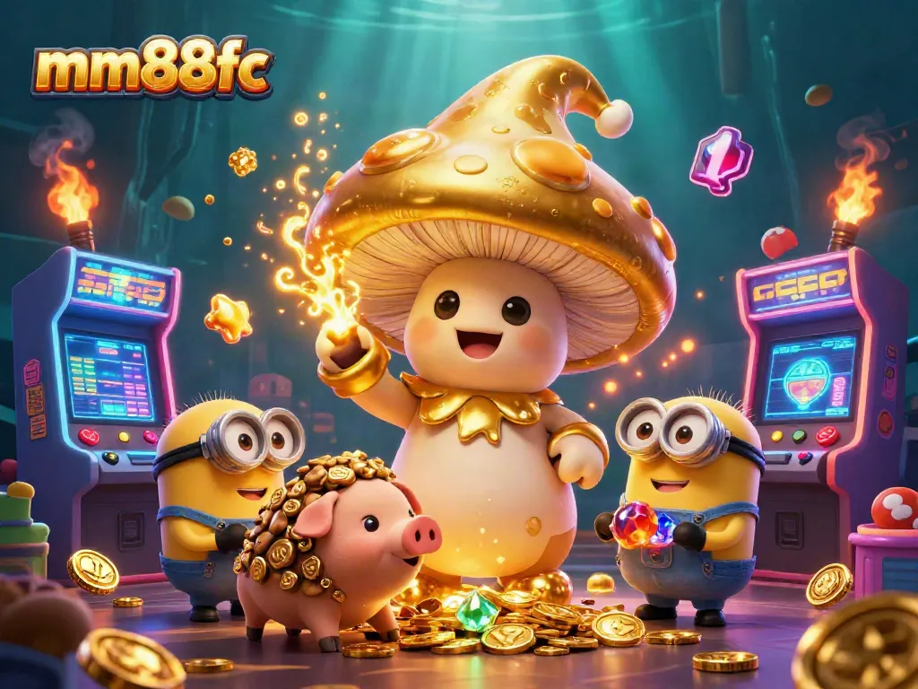 Experience thrilling play at mm88fc with golden wizard and treasure pig amidst vibrant gaming elements.