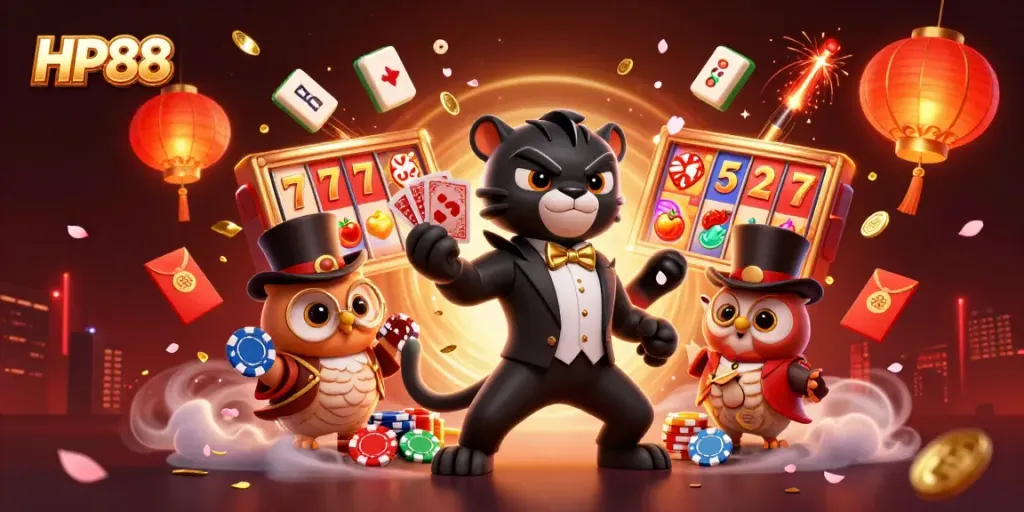 Engage with HP88 casino excitement, featuring the stylish panther dealer and lucky characters in a vibrant gaming scene.