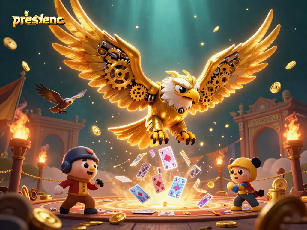 Experience winning action with presidencc as a vibrant golden eagle dives through holographic playing cards in a casino scene.
