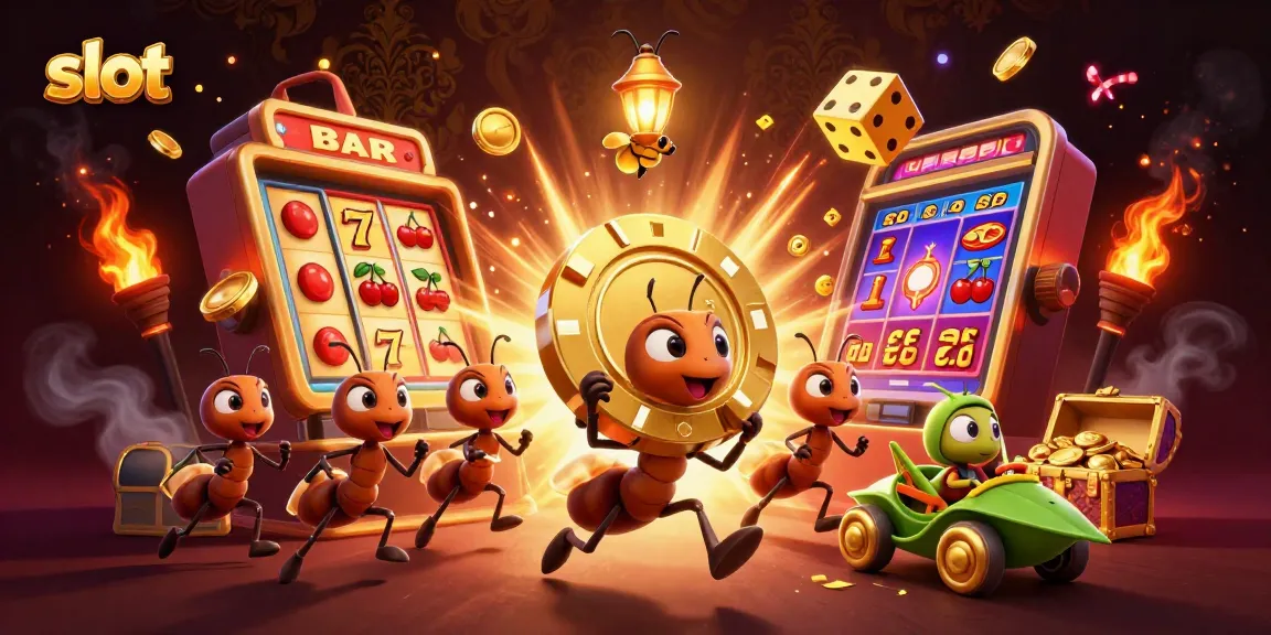Slot permainan dengan karakter semut mencuri chip poker emas dalam ilustrasi 3D yang menarik.