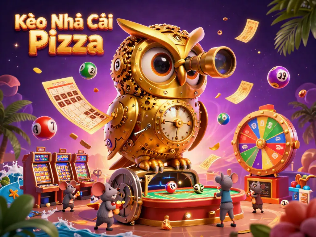 Experience thrilling action at Kèo Nhà Cái Pizza with colorful lottery balls and dynamic casino scenes.