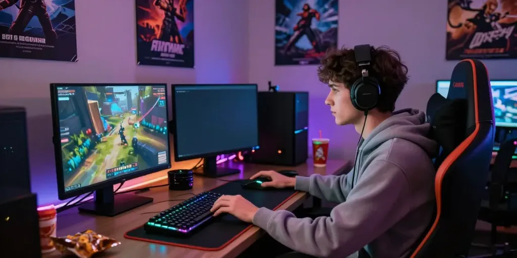 Gamer fokus menggunakan laptop dan aksesori gaming di ruang digital dengan bukumimpi138.