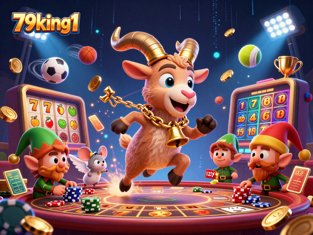 Engage with 79king1 in a festive casino illustration showcasing thrilling gaming action with Krampus, angel mouse, and gremlins.