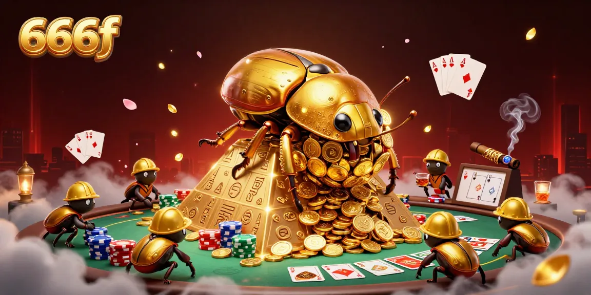 Experience thrilling gaming in 666f with a dynamic scene of golden beetles and poker action.