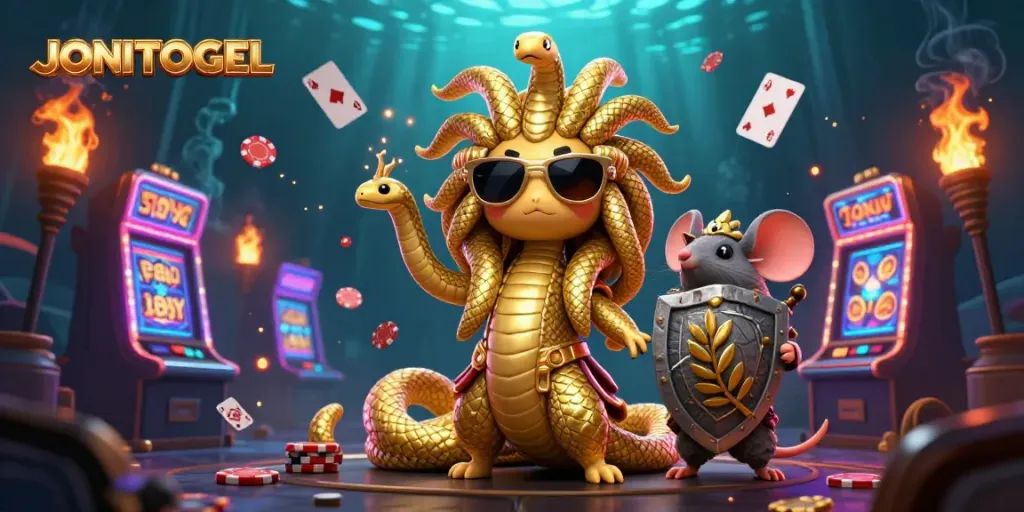 Engage with JONITOGEL's dynamic casino scene featuring Medusa and warrior mouse amid vibrant slot and card elements.