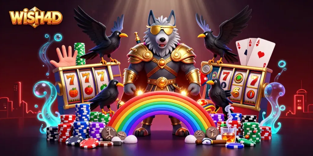 Engage with WISH4D as Odin wolf navigates casino adventures on a bridge of chips.