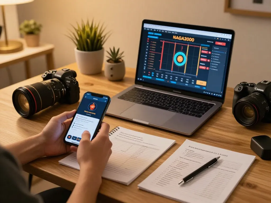 NAGA2000 player engaging in online slot betting from a stylish home office.
