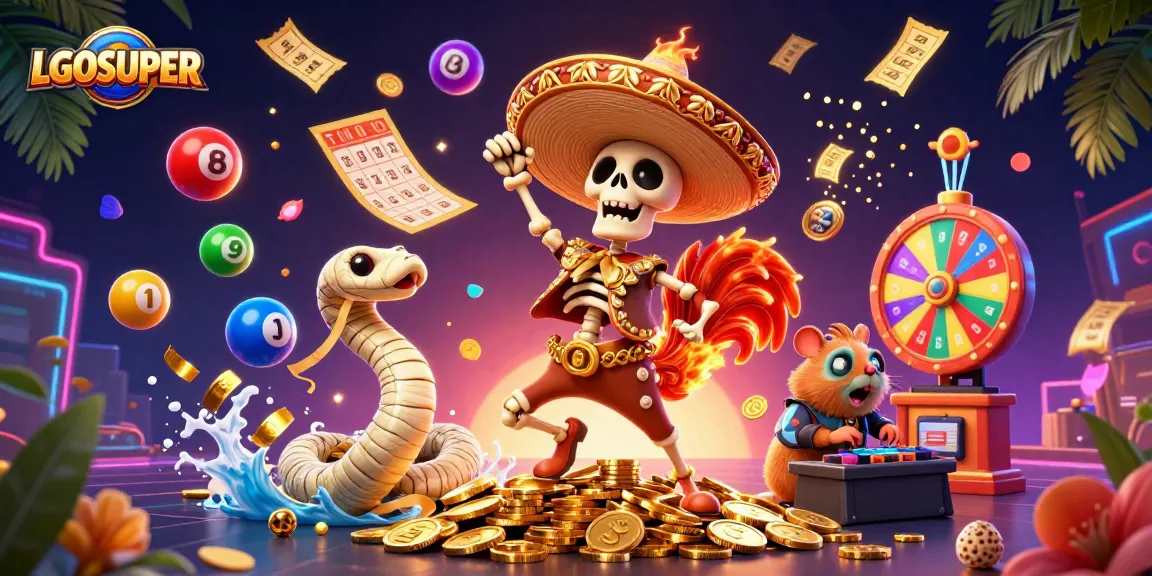 Join the excitement at LGOSUPER with a lively victory dance scene filled with colorful gambling elements.