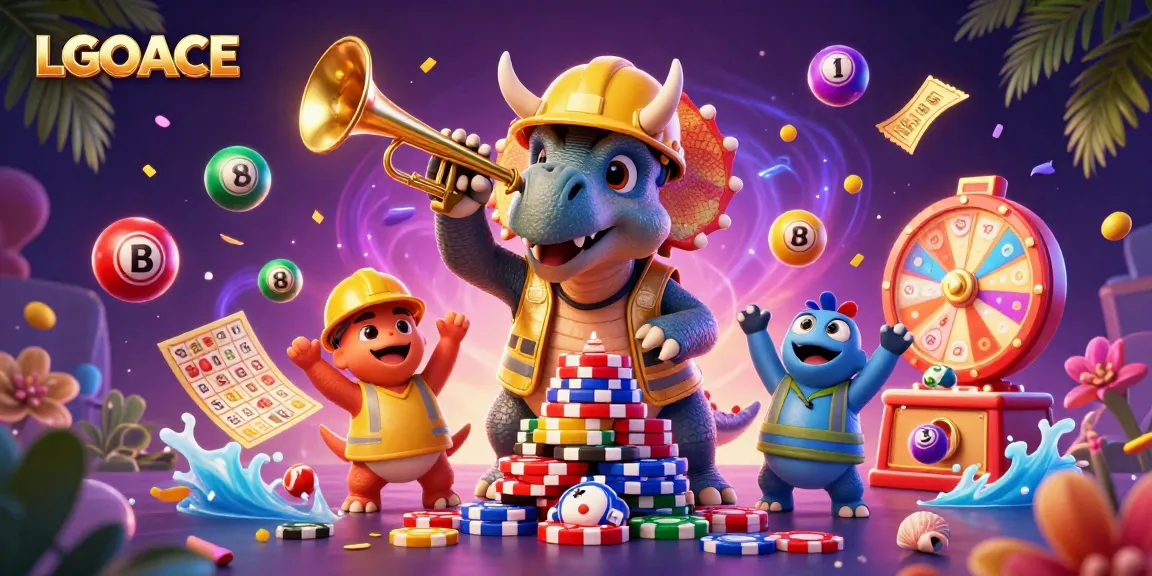 LGOACE showcases a lively casino scene with lottery elements and playful dinosaurs celebrating a game.