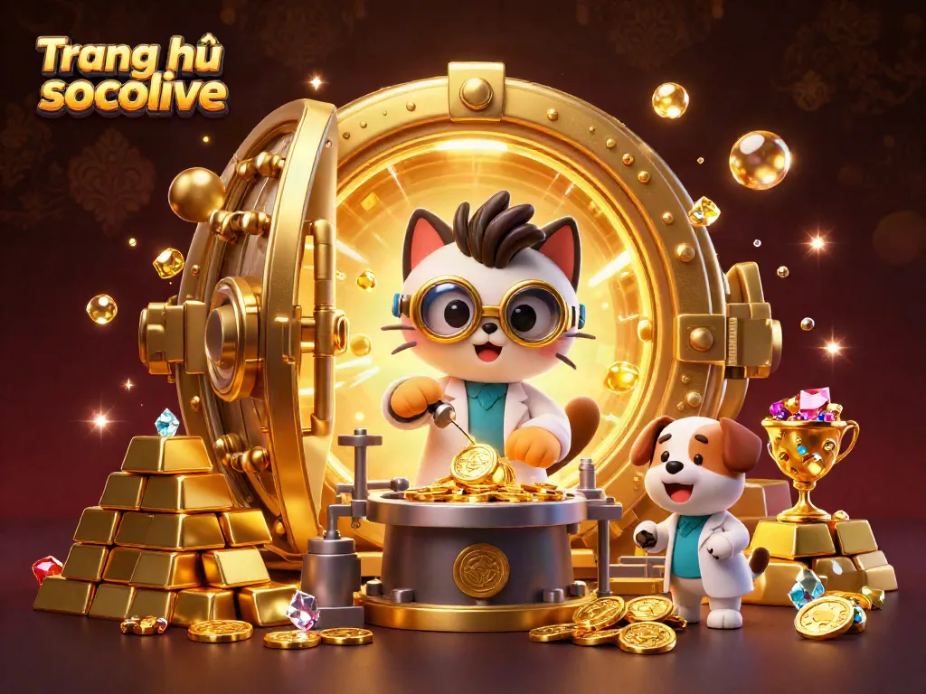 Engaging scene of Trang chủ socolive featuring a cartoon mad scientist cat and dog with golden sparks and treasure.