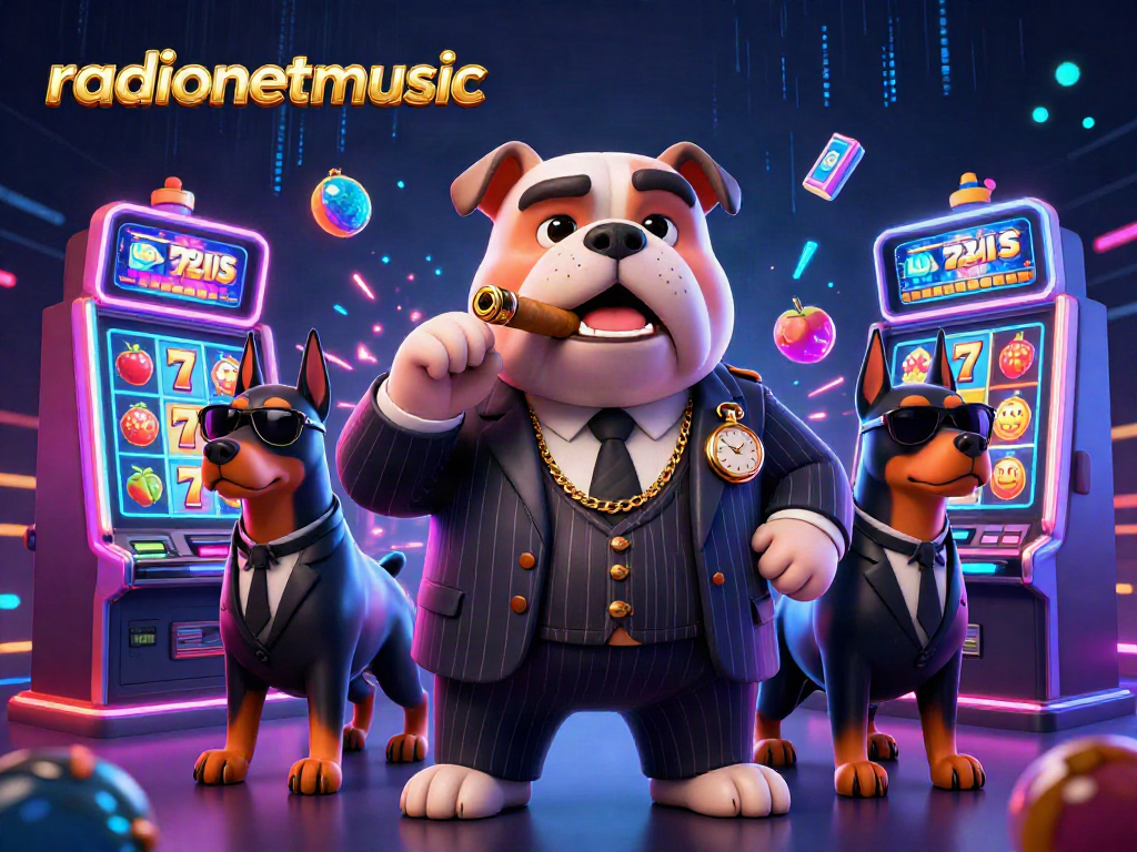 Menyaksikan radionetmusic dengan tema mesin slot cerah dan karakter mafia di kasino virtual.
