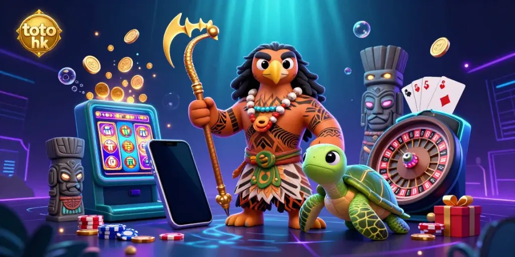 Ilustrasi 3D yang memukau dengan toto hk, menampilkan dewa setengah Polinesia dan harta berisi koin emas.