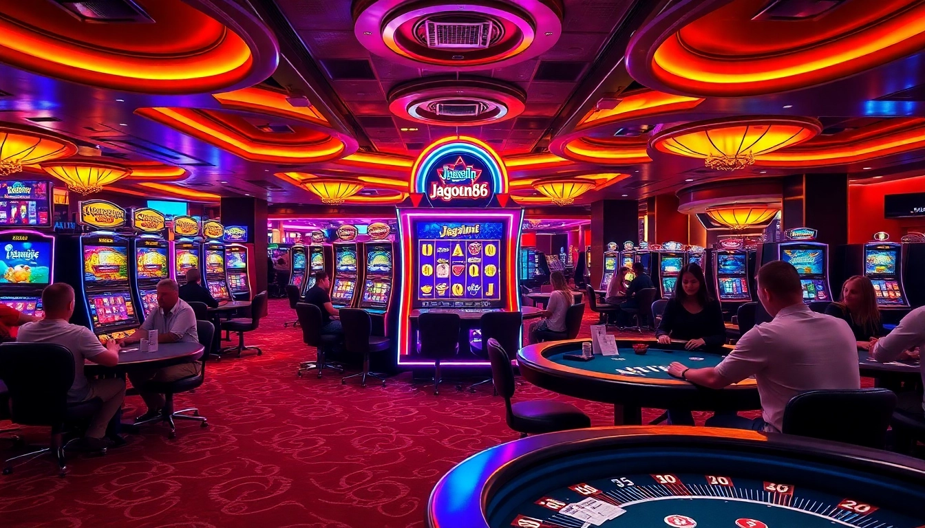 Players enjoying the jagoan86 slot machine amid a lively casino atmosphere with poker tables and vibrant lights.