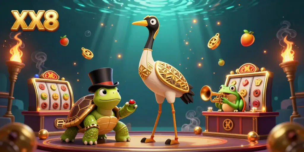 Experience the vibrancy of XX8 Casino with a dynamic scene featuring unique casino characters, energetic gaming elements, and a luxurious atmosphere.
