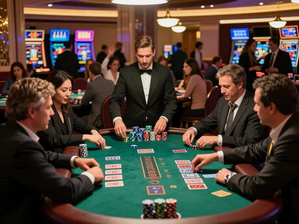 Players placing bets at a blackjack table in a luxurious casino atmosphere, capturing the excitement of gambling at nohu.