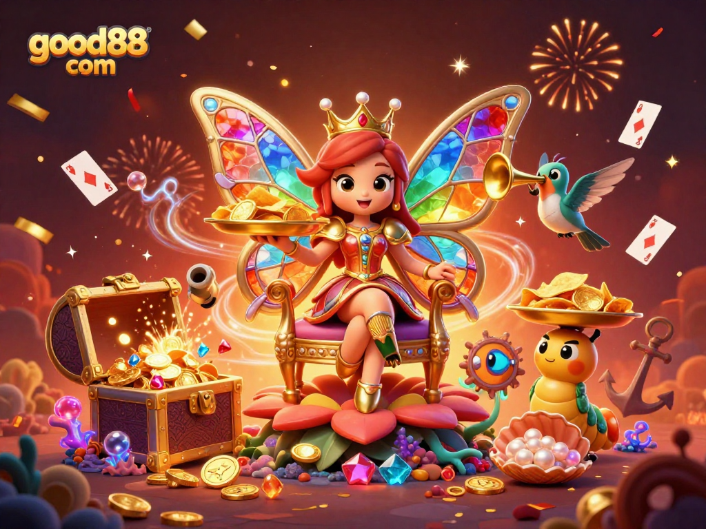 Spin the reels and win at good88 com with vibrant casino-themed illustration featuring enchanting characters.