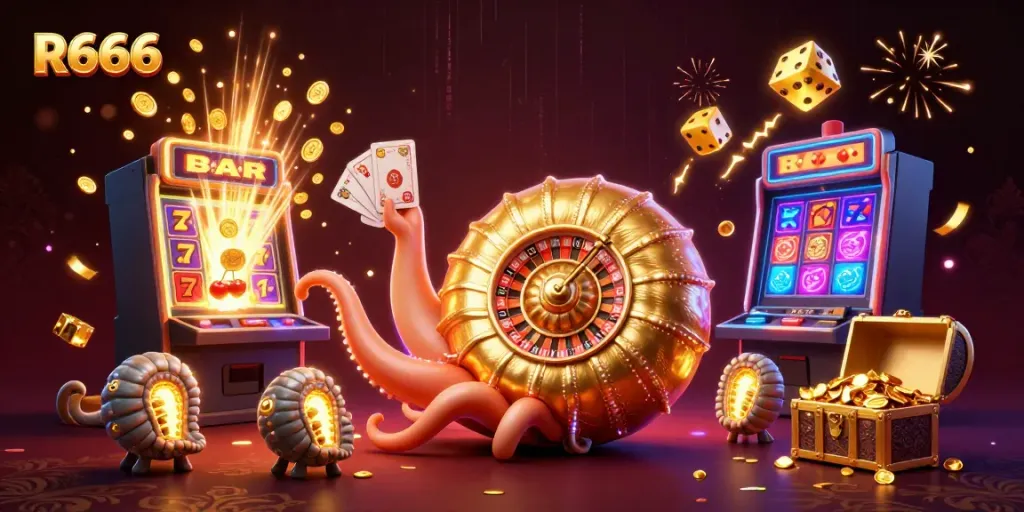 Engaging illustration of R666 nautilus character in a vibrant casino setting bursting with dynamic game elements.
