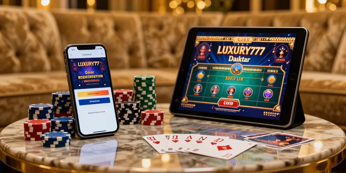 LUXURY777 Daftar di ponsel pintar dalam suasana mewah dengan kartu dan chip judi di meja.