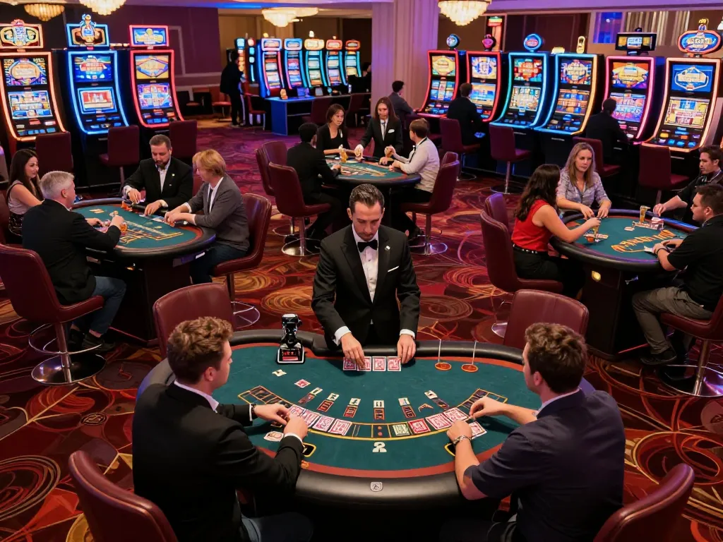 Players engaging in strategic blackjack gameplay at KJC casino under vibrant lighting