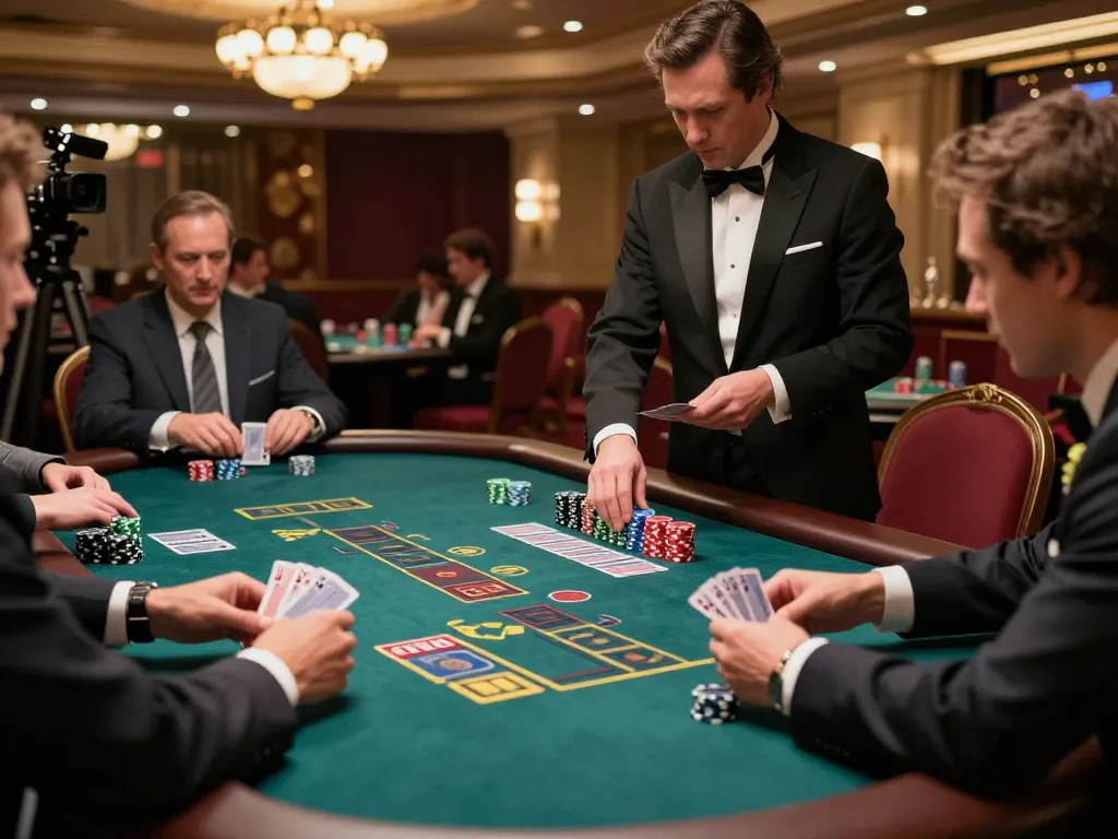Engaging gameplay at a blackjack table in a luxury casino, featuring players strategizing for a winning hand.