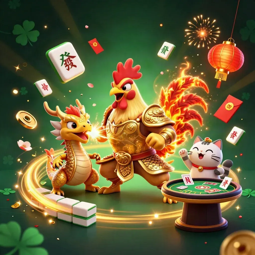 Ayam samurai, anak naga, dan kucing keberuntungan di ledakan emas kasino hijau neon.