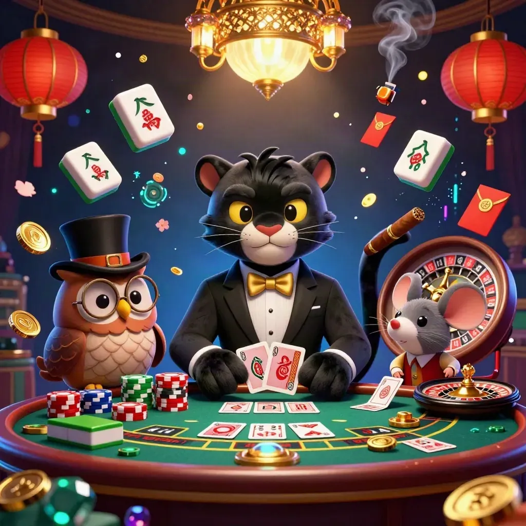Harimau hitam, burung hantu, dan tikus di kasino mewah dengan emas, neon, kartu, dan koin.