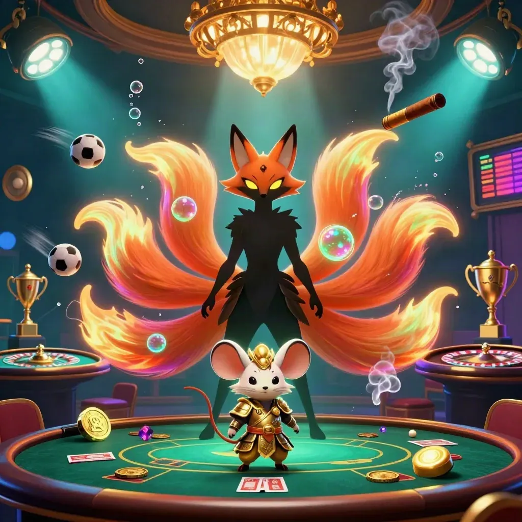 Rubah roh berkepala sembilan dan tikus samurai emas di meja kasino mewah, dengan bola olahraga dan cahaya neon.