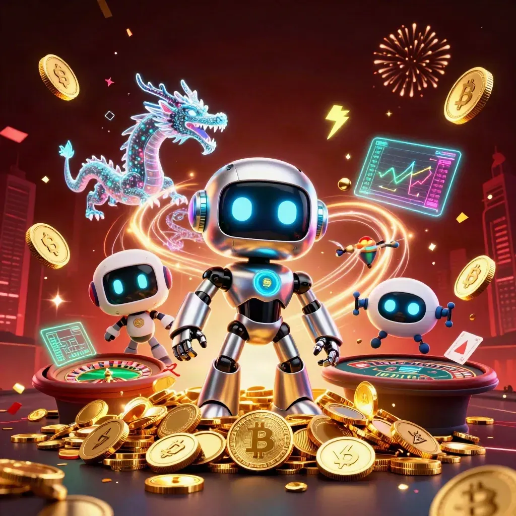 Robot cyberpunk, naga holografik, dan drone coin di tengah ledakan koin emas kasino.