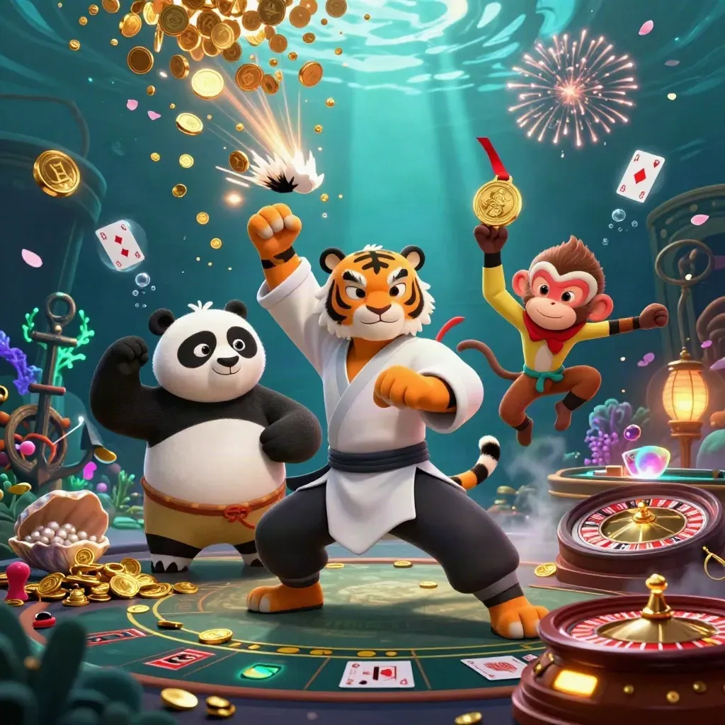Kucing macan, panda, dan monyet di bawah laut dikelilingi koin emas dan efek jackpot.